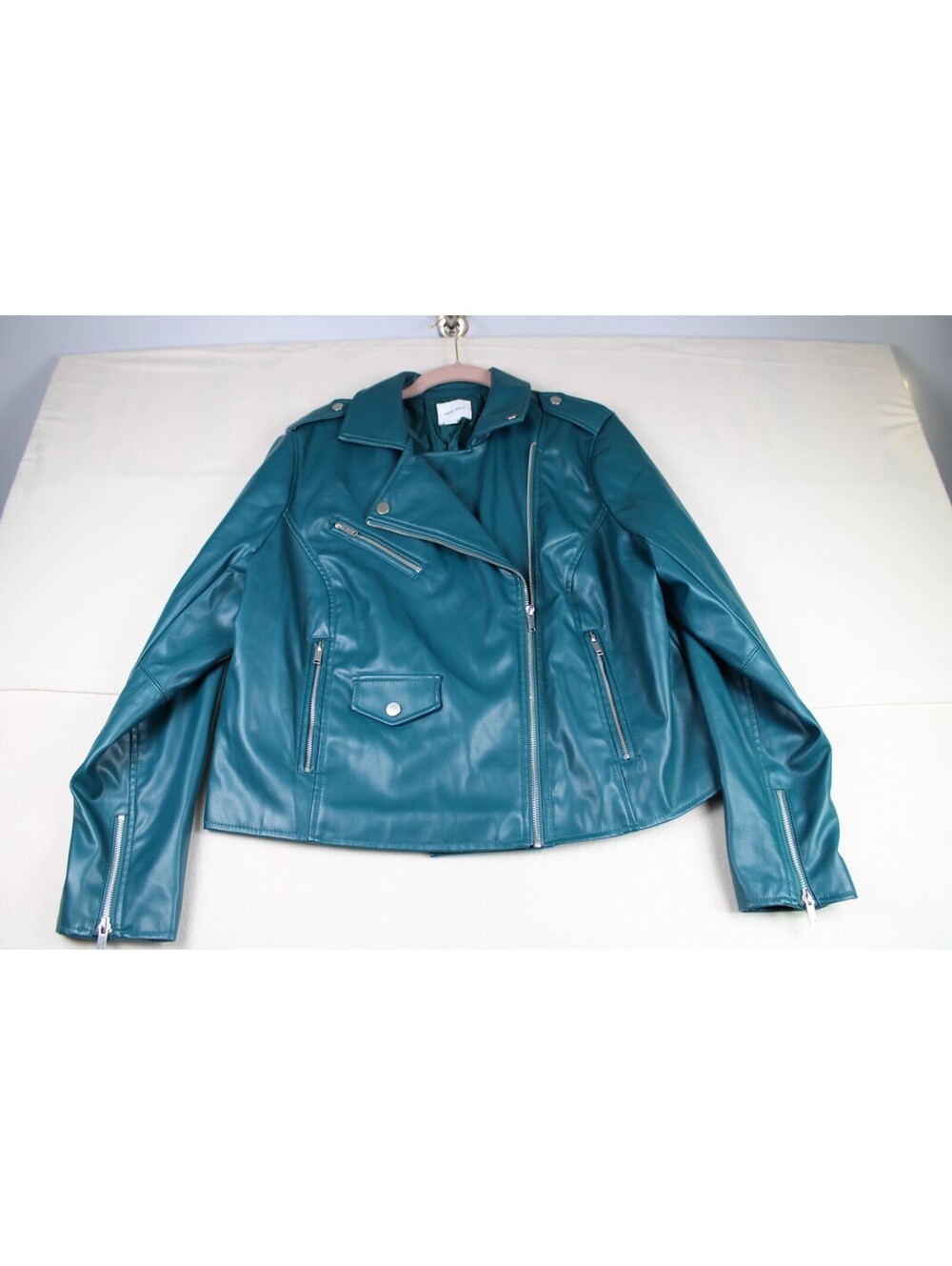 Nine West Faux Leather Moto-Jacket Zipper Pockets & Cuff  0X Teal New With Tags